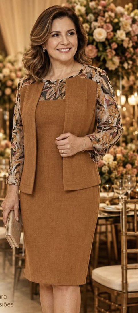 Ginestra Conjunto de Vestido Tubinho com Rendas na Gola e Casaqueto com Rendas nas Mangas 