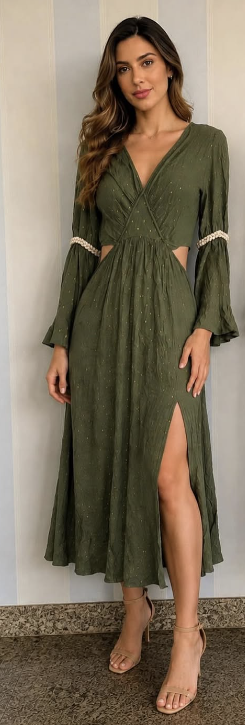 Alícia Vestido Manga Longa com Fios Dourados 