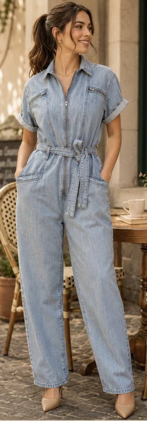 Lez a Lez Macacão Jeans com Zíper e Cinto Faixa .
