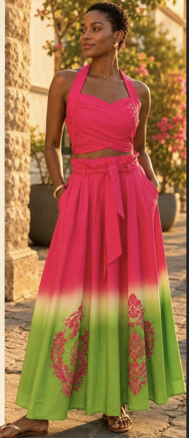 Amarante Conjunto Cropped Amarração Saia e Cinto Faixa 