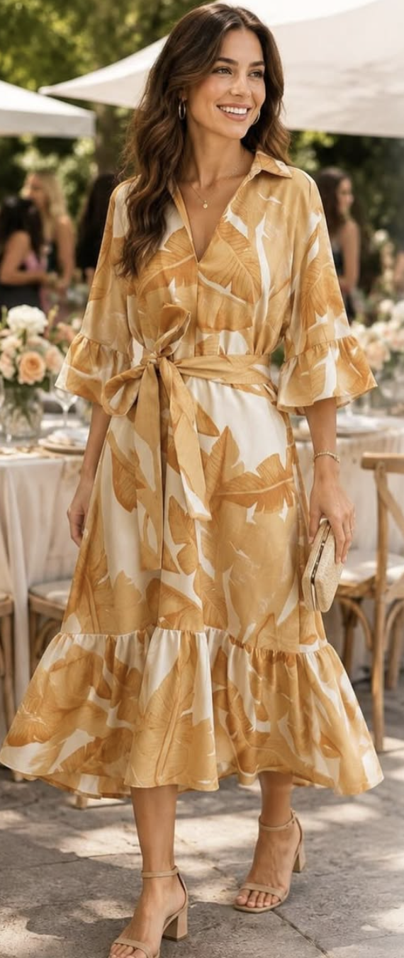 Cheroy Vestido Leve Com Estampa de Folhas Com Faixa 